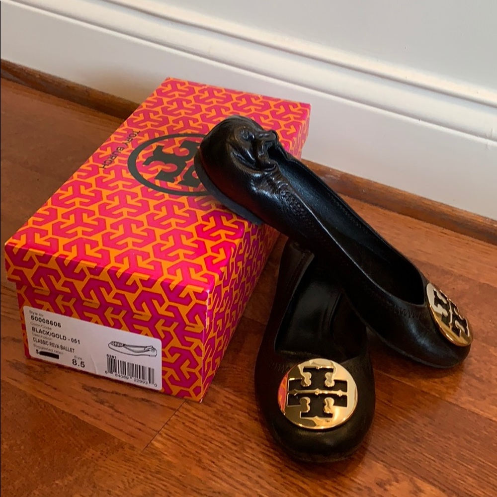Tory Burch Classic Reva Ballet Flats, Black & Gold
